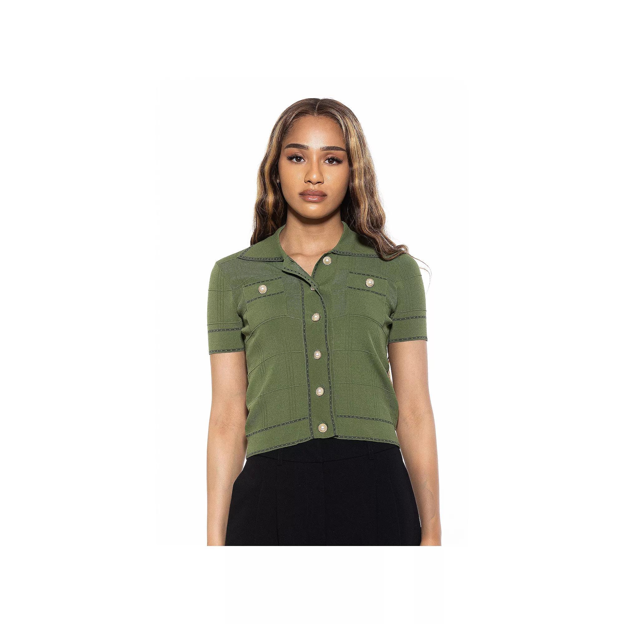 Women's ALEXIA ADMOR Arya Knit Short Sleeve Cardigan, Size: Large, Green Product Image