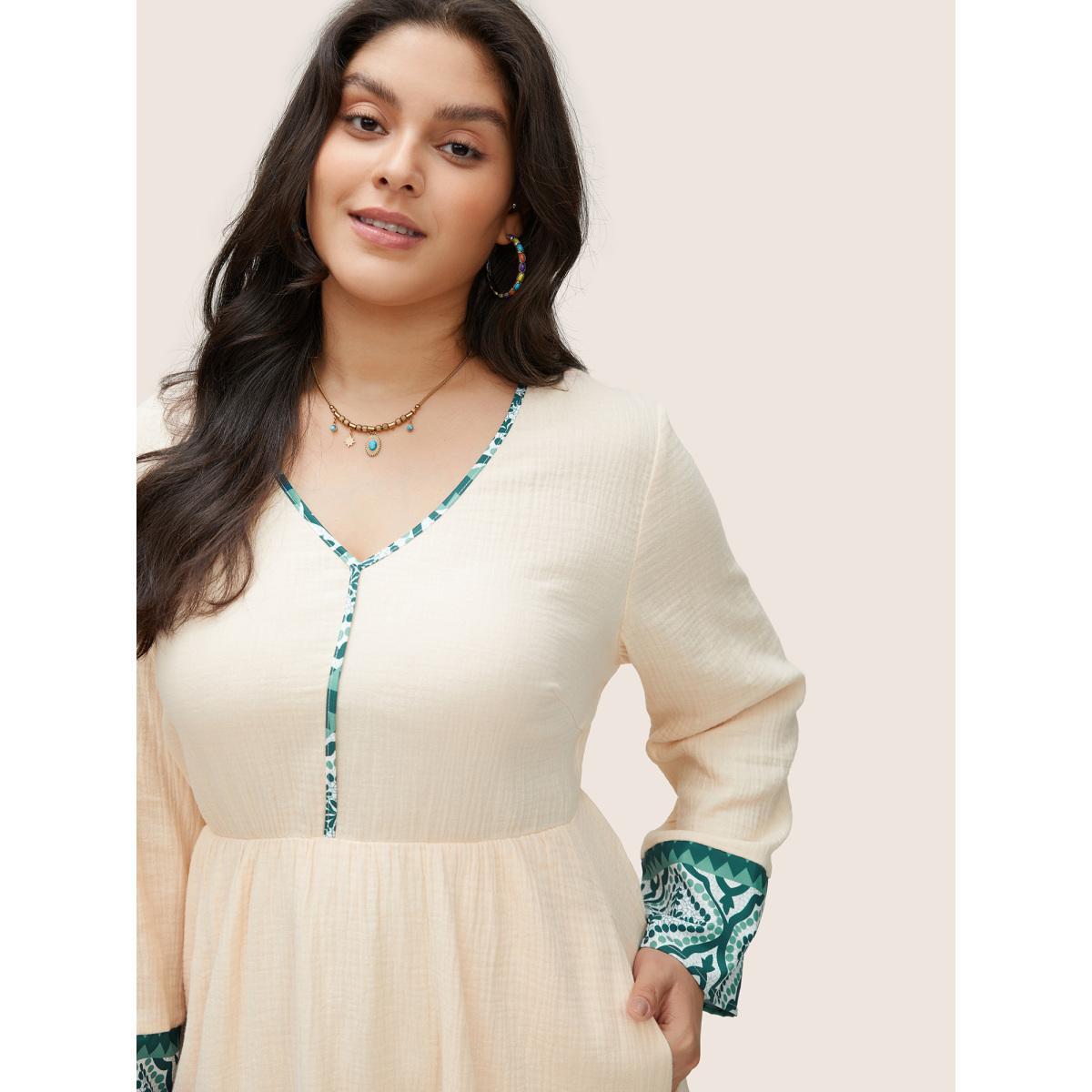 Plus Size Boho Print Patchwork Elastic Waist Texture Dress Apricot Women Resort Non V-neck Long Sleeve Curvy Knee Dress BloomChic 30/6X Product Image