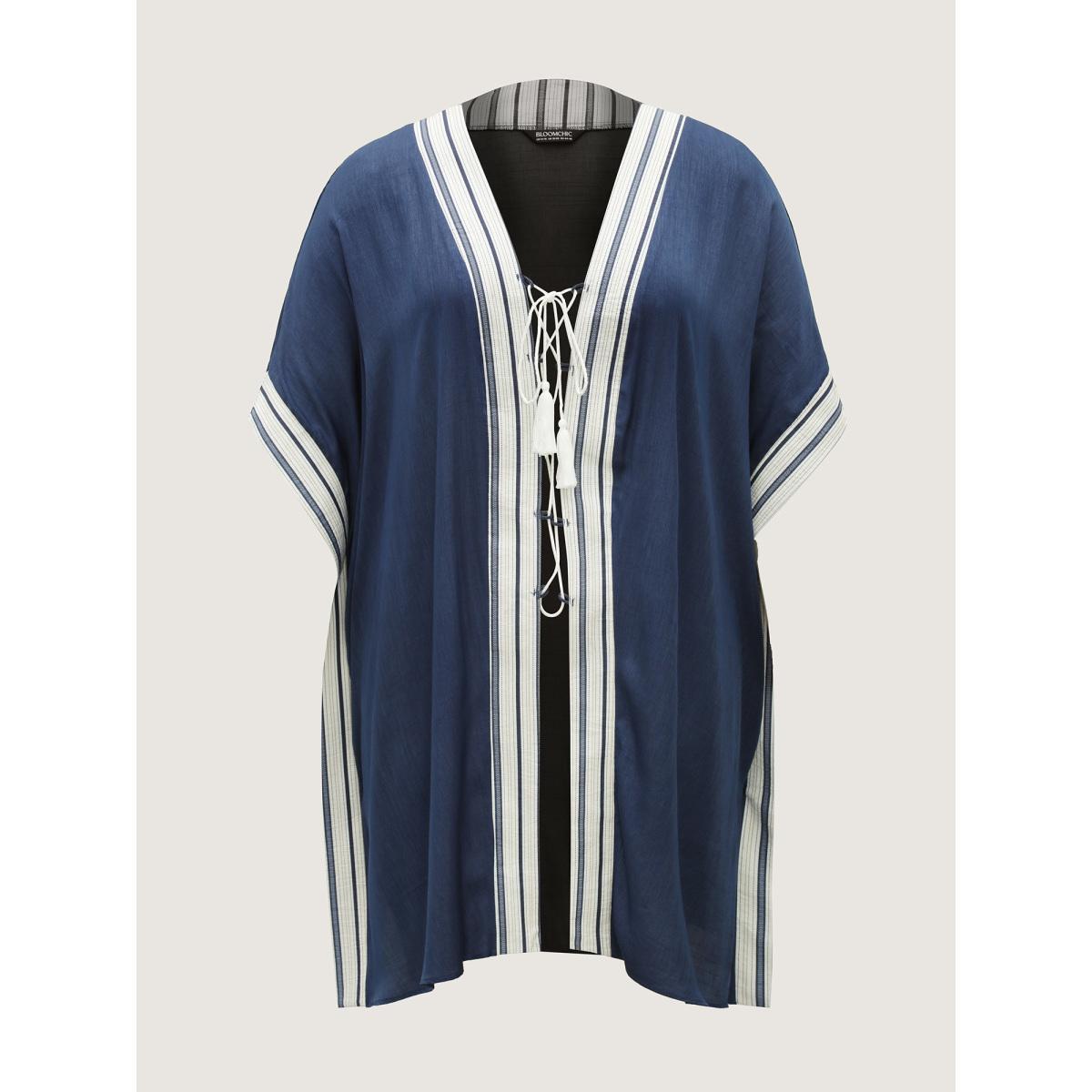 Plus Size Striped Hem Tassel Solid Kimono Women Indigo Tassels Loose Vacation Kimonos BloomChic 30/6X Product Image