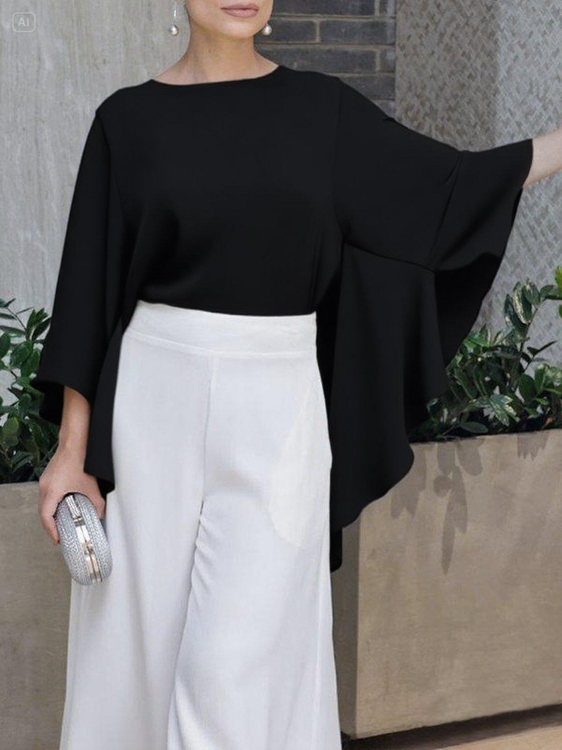 Flared Sleeves Loose Solid Color Round-Neck Blouses&Shirts Tops Product Image