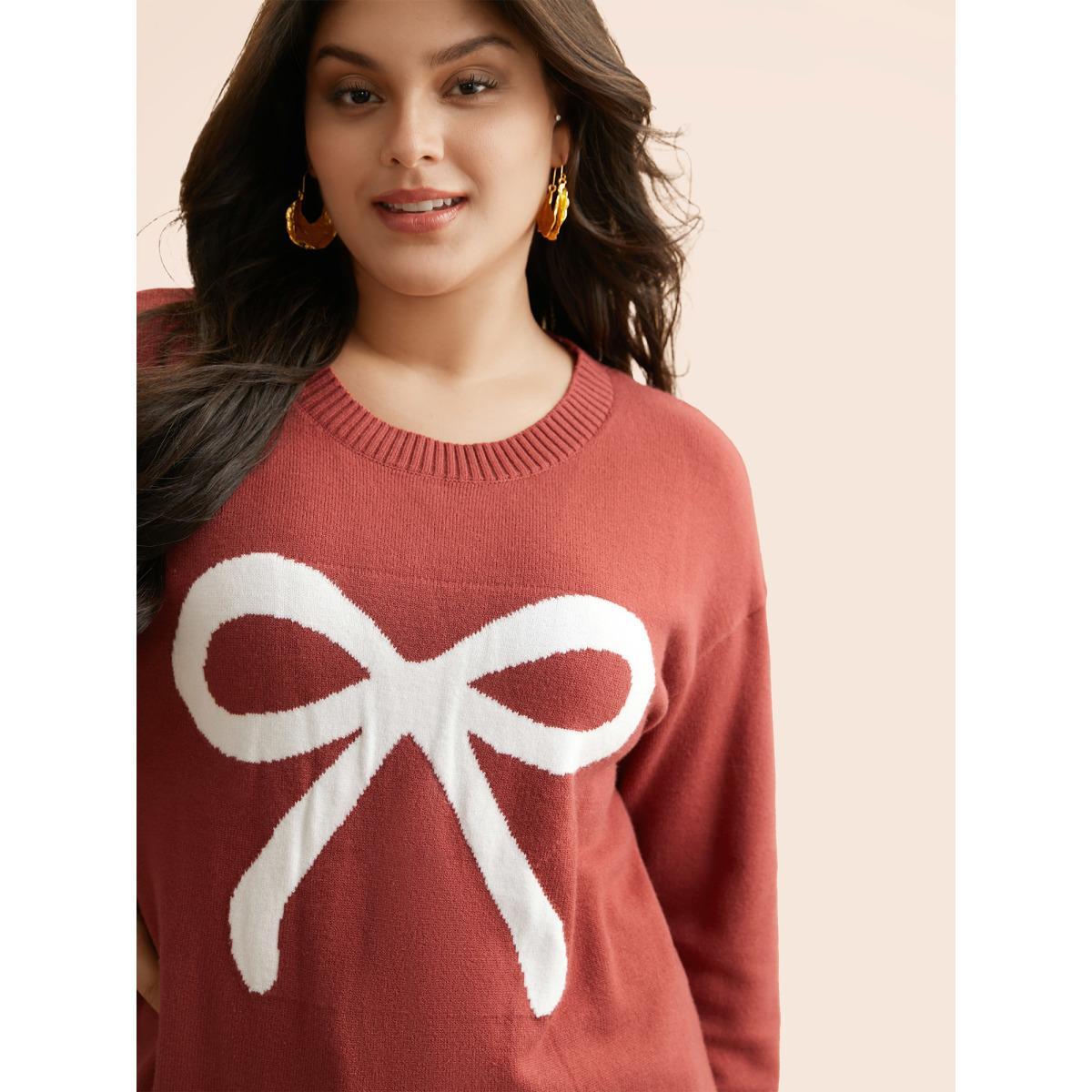 Plus Size Bowknot Jacquard Drop Shoulder Pullover DustyPink Women Casual Long Sleeve Round Neck Everyday Pullovers BloomChic 10/M Product Image