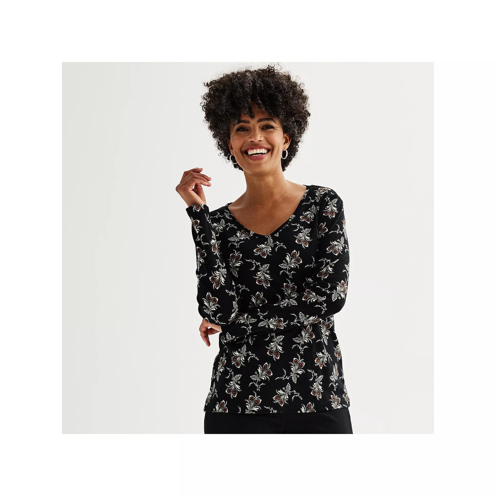 Petite Croft & Barrow® Essential Long-Sleeve V-Neck Top, Women's, Size: Large Petite, Black Paisley Flower Product Image