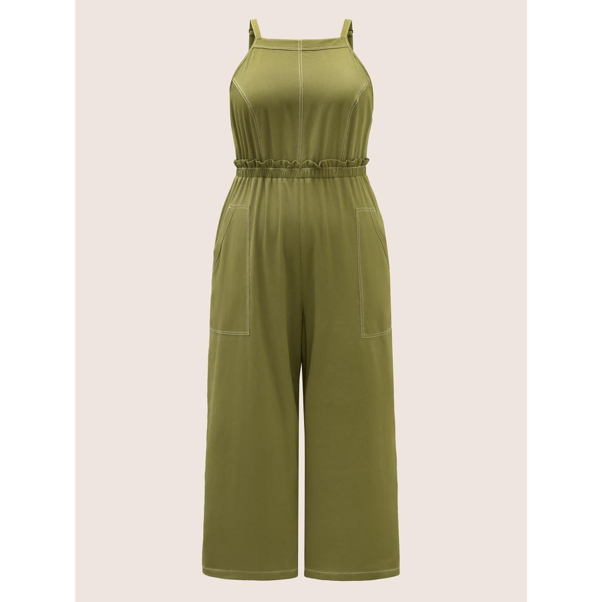 Plus Size ArmyGreen Plain Tucked Seam Frill Trim Jumpsuit Women Casual Sleeveless Non Everyday Loose Jumpsuits BloomChic 10/M Product Image