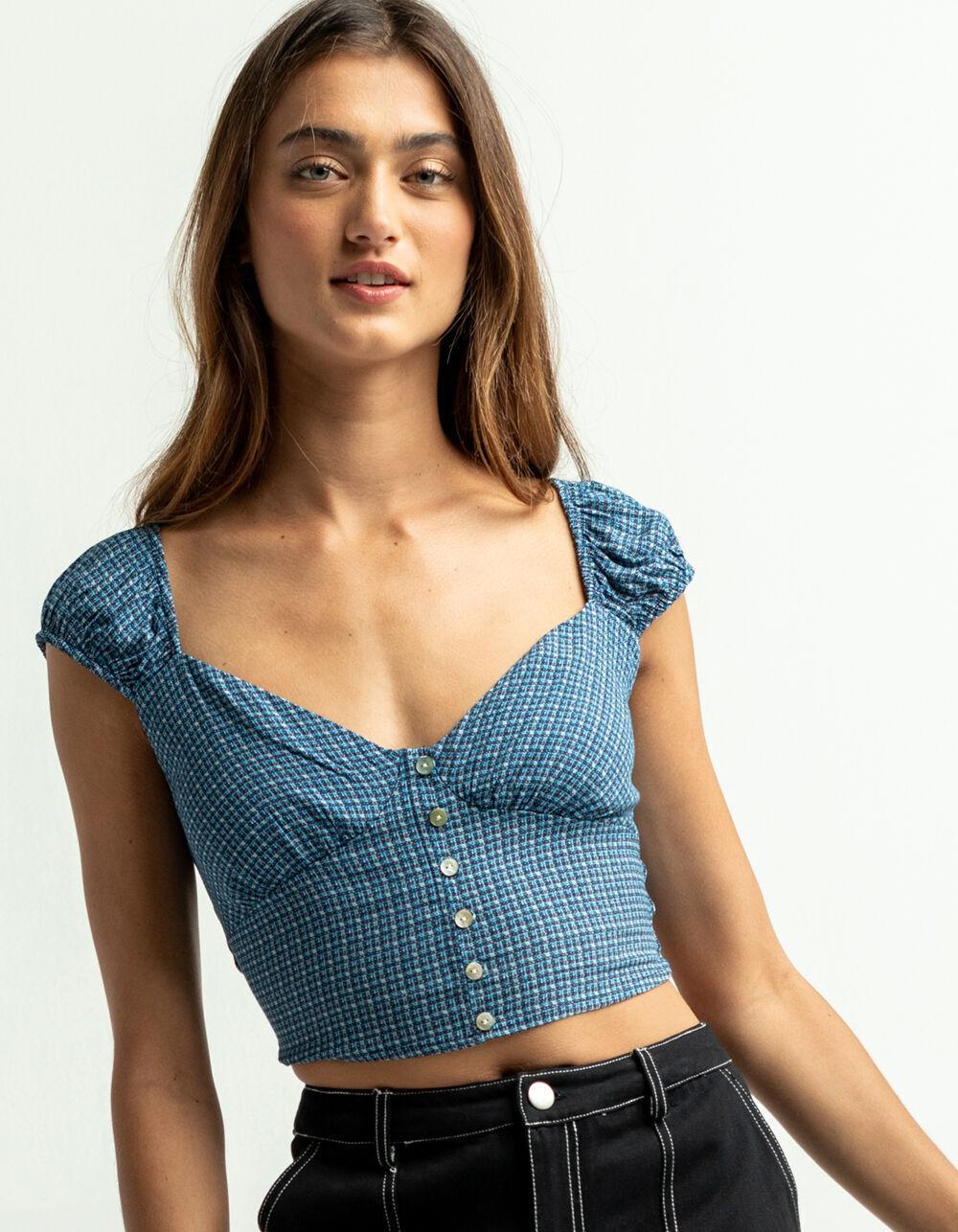 FULL TILT Button Front Womens Blue & Black Plaid Top - BLUE/BLACK Product Image