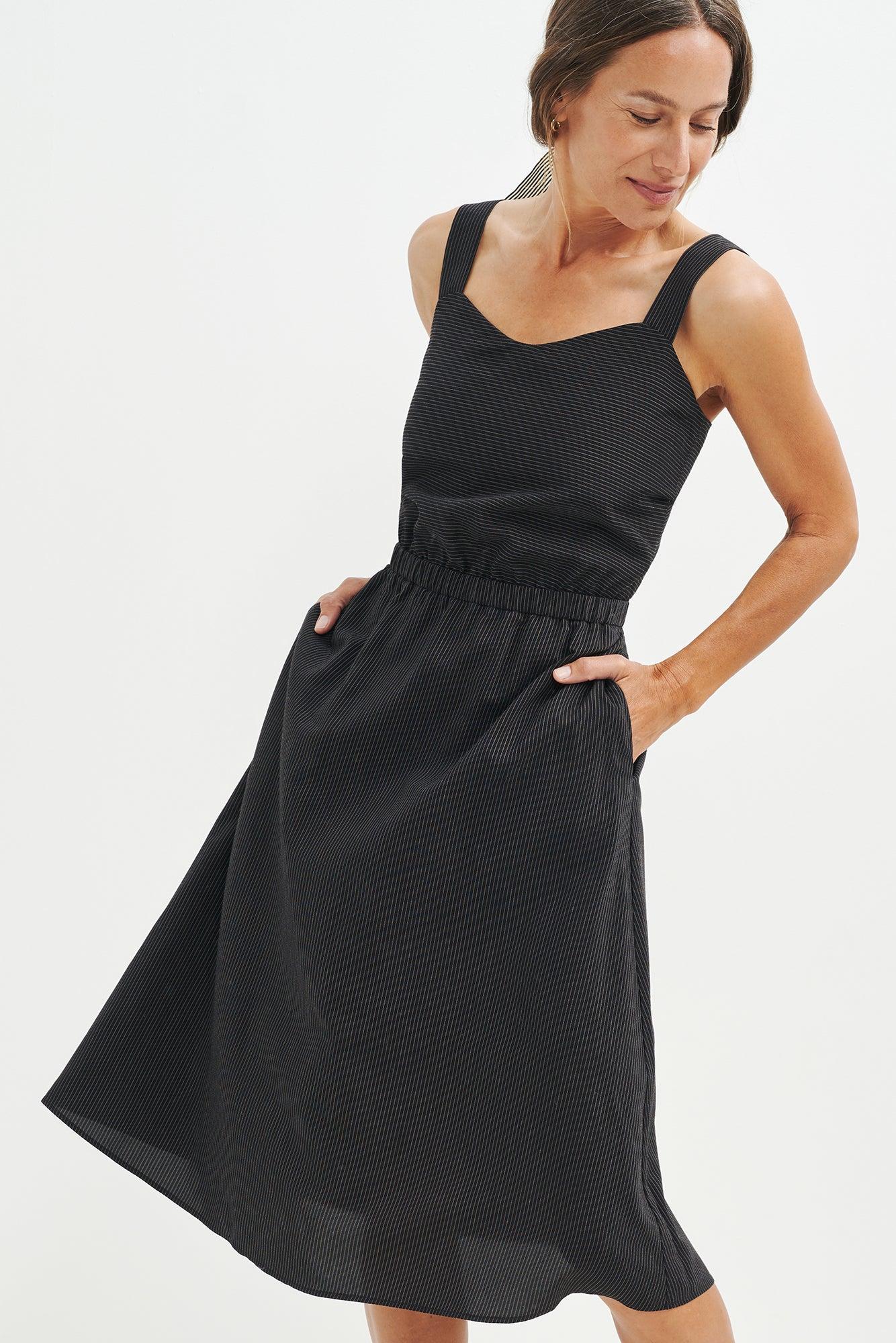 Athena Upcycled Midi Dress - Black Stripe - ReAmour Product Image