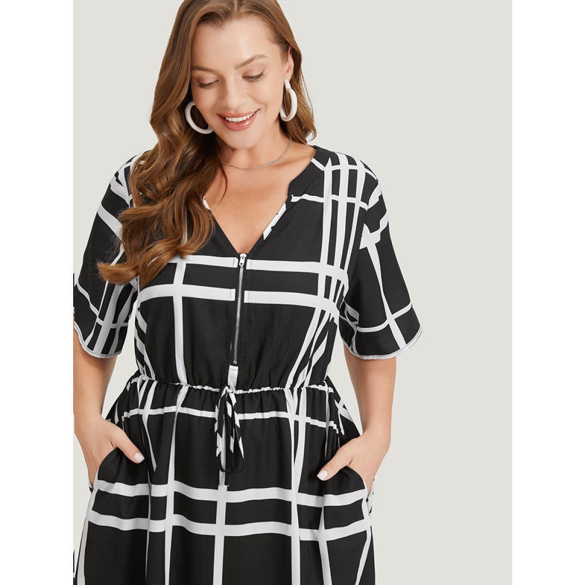 Plus Size Plaid Knot Front Pocket Arc Hem Zipper Dress Black Women Office Arc Hem V-neck Short sleeve Curvy Midi Dress BloomChic 22-24/3X Product Image