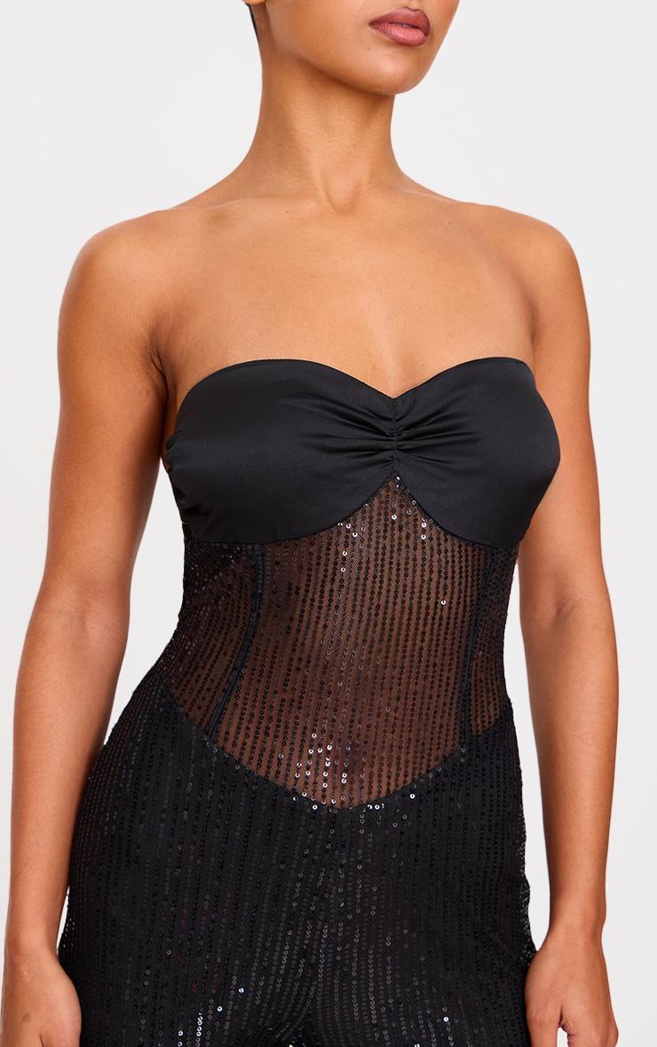 Black Sequin Bandeau Sheer Panel Jumpsuit Product Image