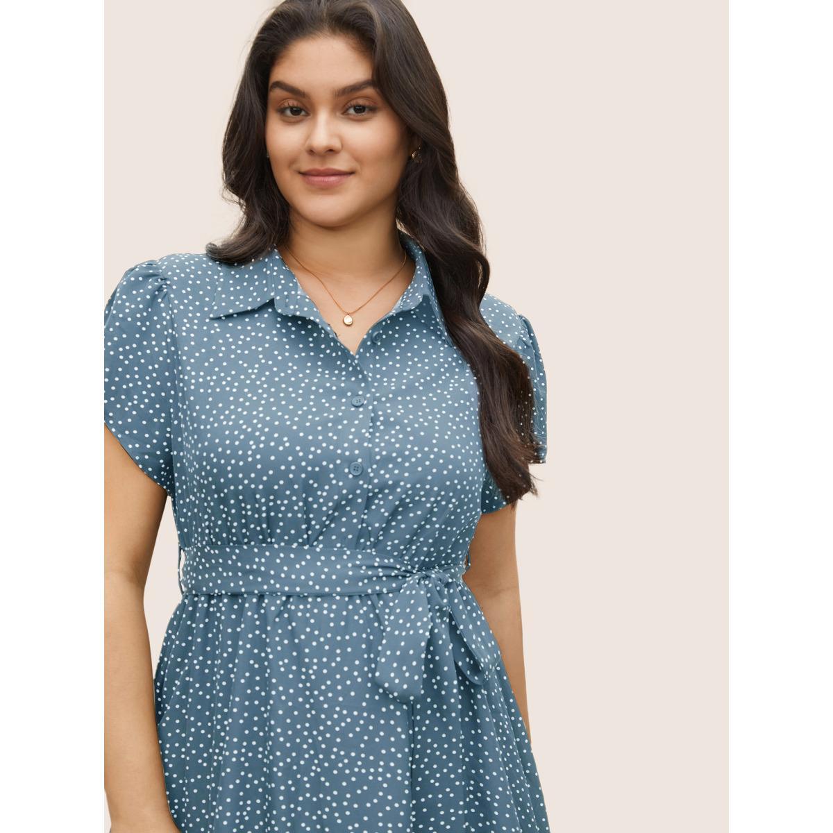 Plus Size Polka Dot Shirt Collar Pocket Button Up Dress Stone Women At the Office Non Shirt collar Short sleeve Curvy Midi Dress BloomChic 14-16/1X Product Image