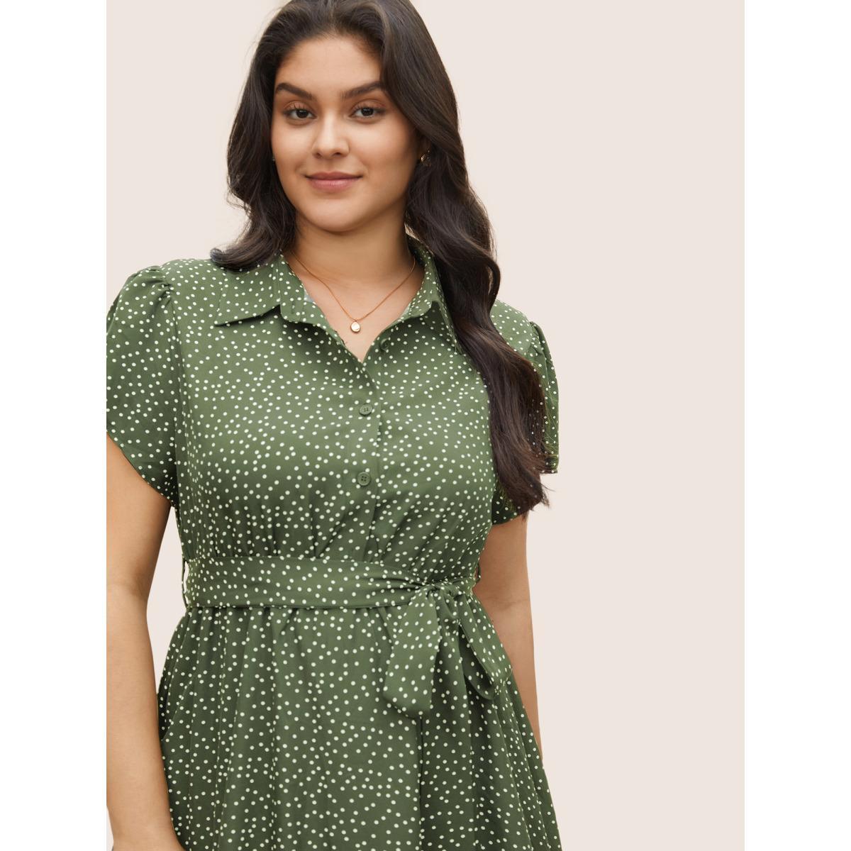 Plus Size Polka Dot Shirt Collar Pocket Button Up Dress Sage Women At the Office Non Shirt collar Short sleeve Curvy Midi Dress BloomChic 30/6X Product Image