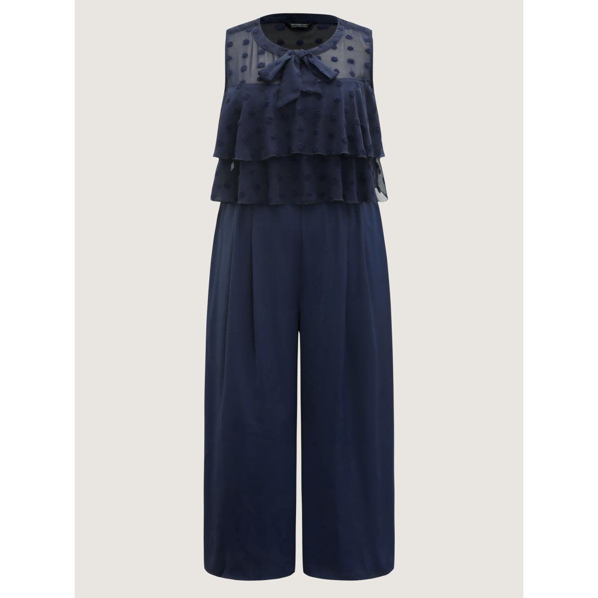 Plus Size Indigo Polka Dots Adjustable Shoulder Sheer Jumpsuit Women Sleeveless Ribbon-tied collar Everyday-Elegant Loose Jumpsuits BloomChic 18-20/2X Product Image