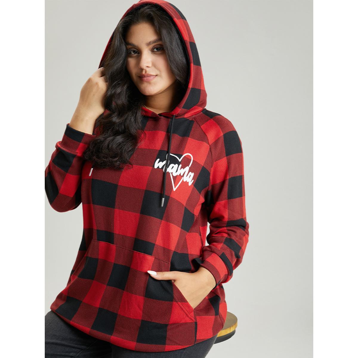 Plus Size Letter Plaid Hooded Drawstring Pocket Sweatshirt Women Red Casual Elastic cuffs Hooded Festival-Christmas Sweatshirts BloomChic 10/M Product Image