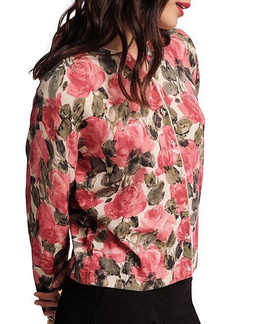 FRANCES VALENTINE Darling Pretty Peonies Crew Neck Long Sleeve Pearl Button Front Cardigan Product Image