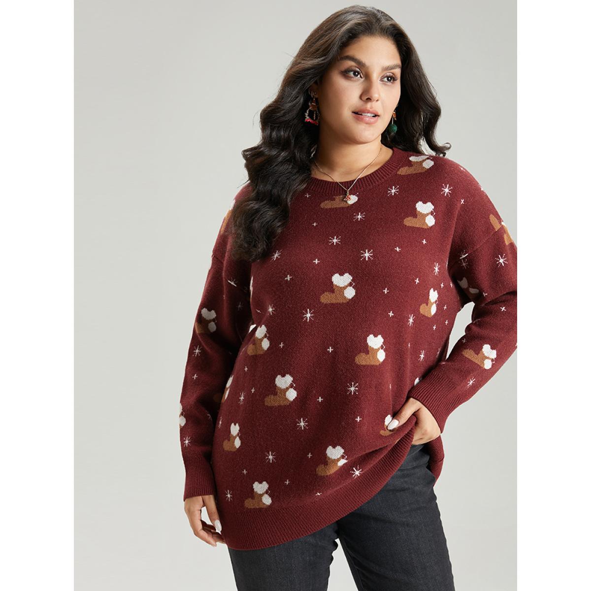 Plus Size Supersoft Essentials Christmas Print Star Round Neck Pullover Scarlet Women Casual Loose Long Sleeve Round Neck Festival-Christmas Pullovers BloomChic 26/4X Product Image
