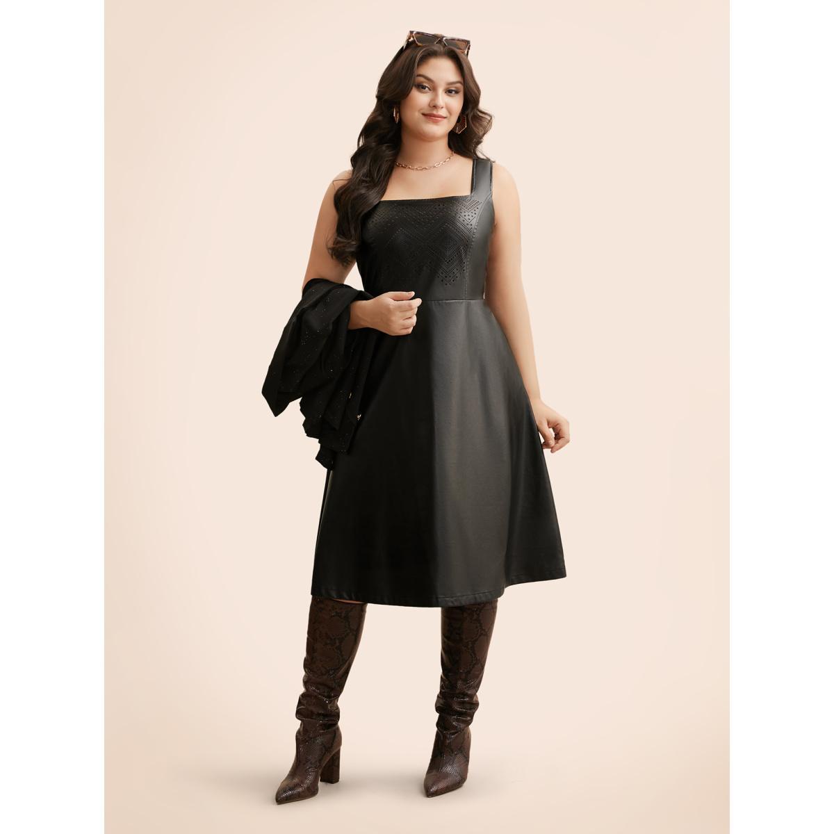 Plus Size Solid PU Leather Laser Cut Dress Black Women Elegant Texture Square Neck Sleeveless Curvy BloomChic 10/M Product Image