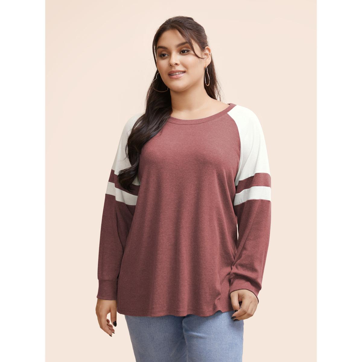 Plus Size Colorblock Contrast Stitch Raglan Sleeve T-shirt Russet Women Casual Elastic cuffs Striped Round Neck Dailywear T-shirts BloomChic 12/L Product Image