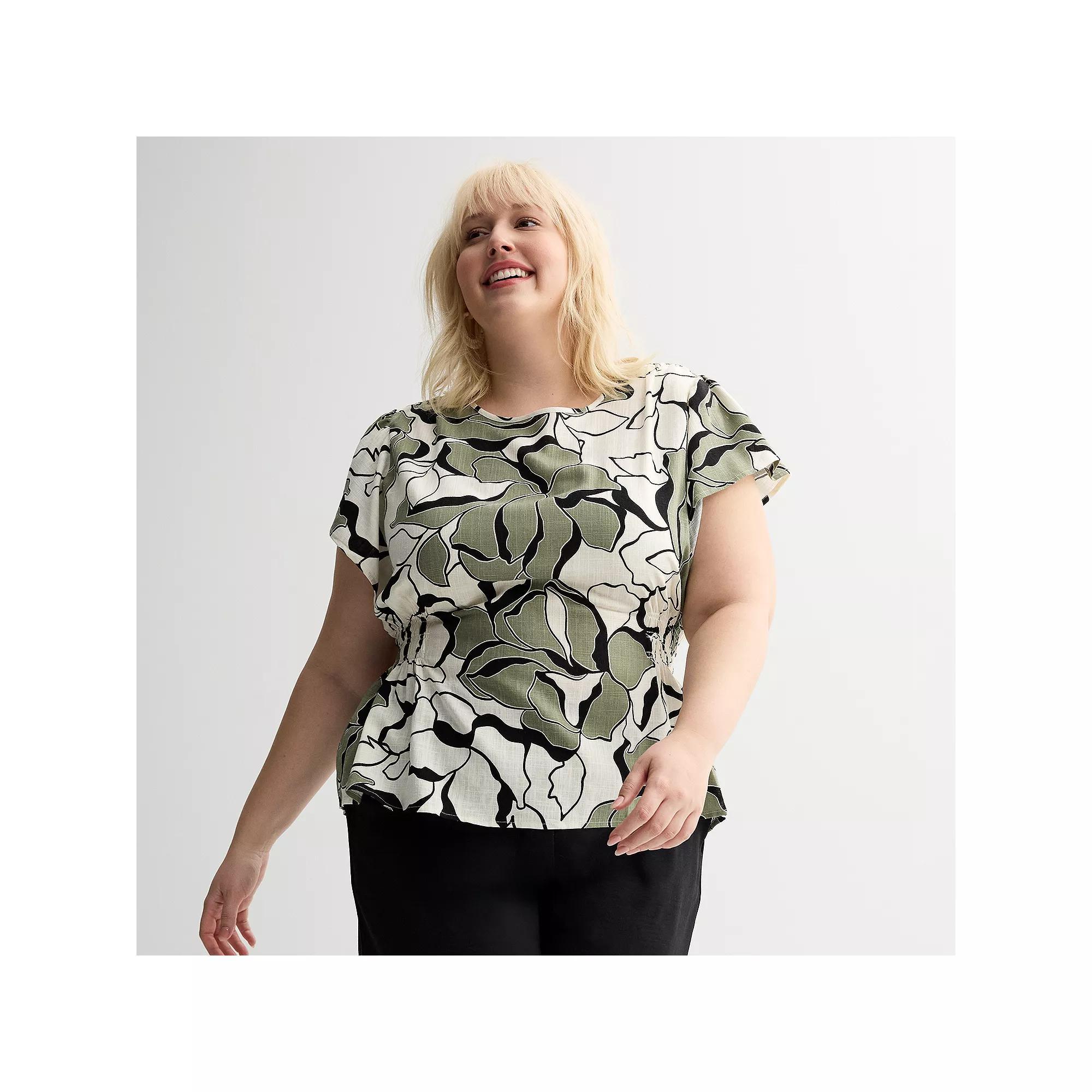 Plus Size Nine West Cinched Flutter Sleeve Blouse, Women's, Size: 0X, Green Crystal Bloom Product Image