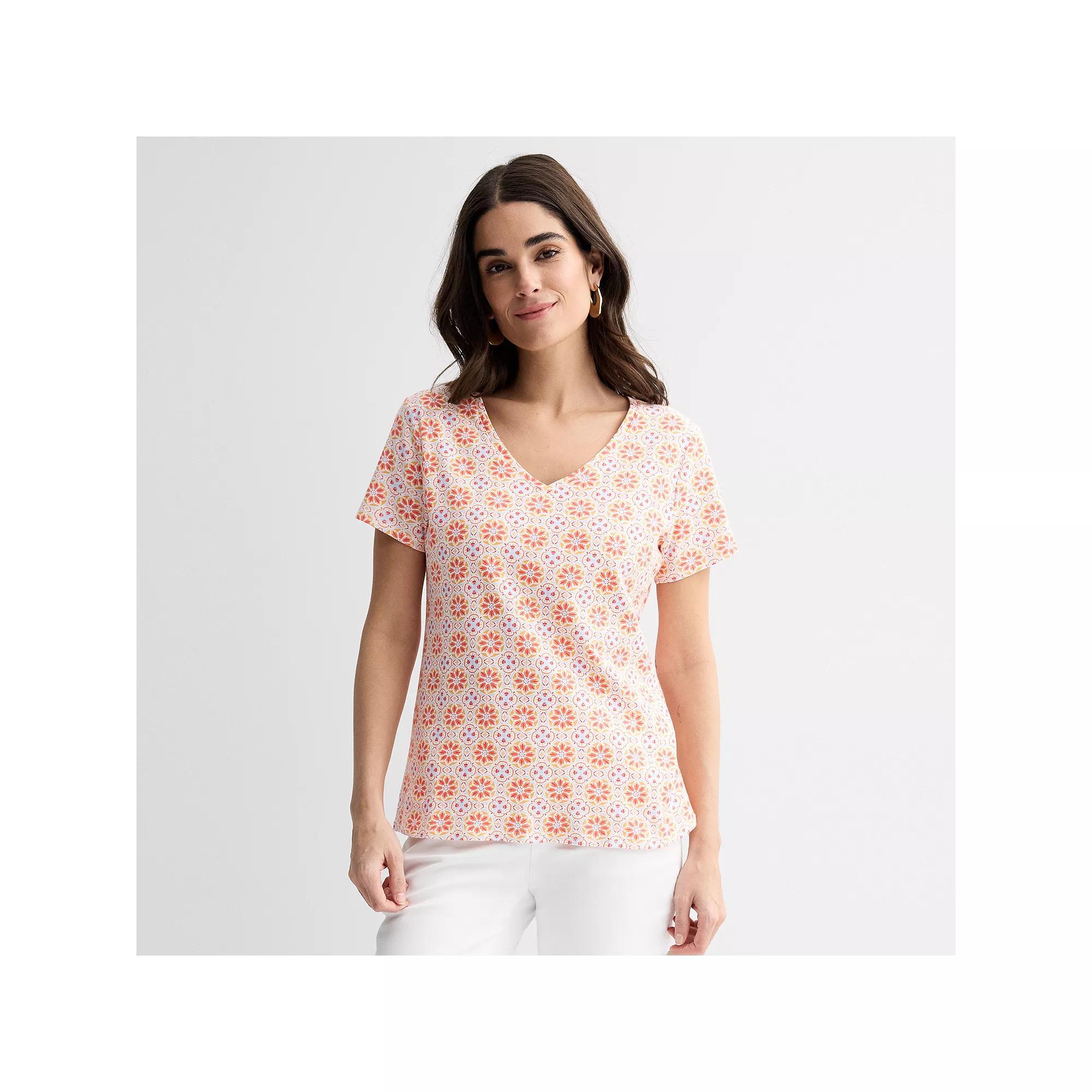 Women's Croft & Barrow® Essential V-Neck Tee, Size: Medium, Blue Tropical Palm Product Image