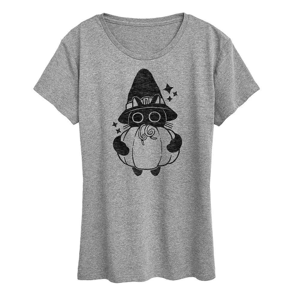 Plus Size Witch Cat With Pumpkin Graphic Tee, Womens Grey Gray Product Image