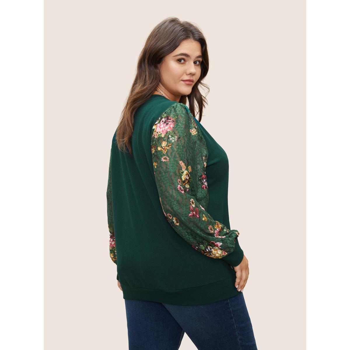 Plus Size Crochet Lace Floral Print Round Neck Sweatshirt Women DarkGreen Elegant Non Round Neck Everyday Sweatshirts BloomChic 18-20/2X Product Image