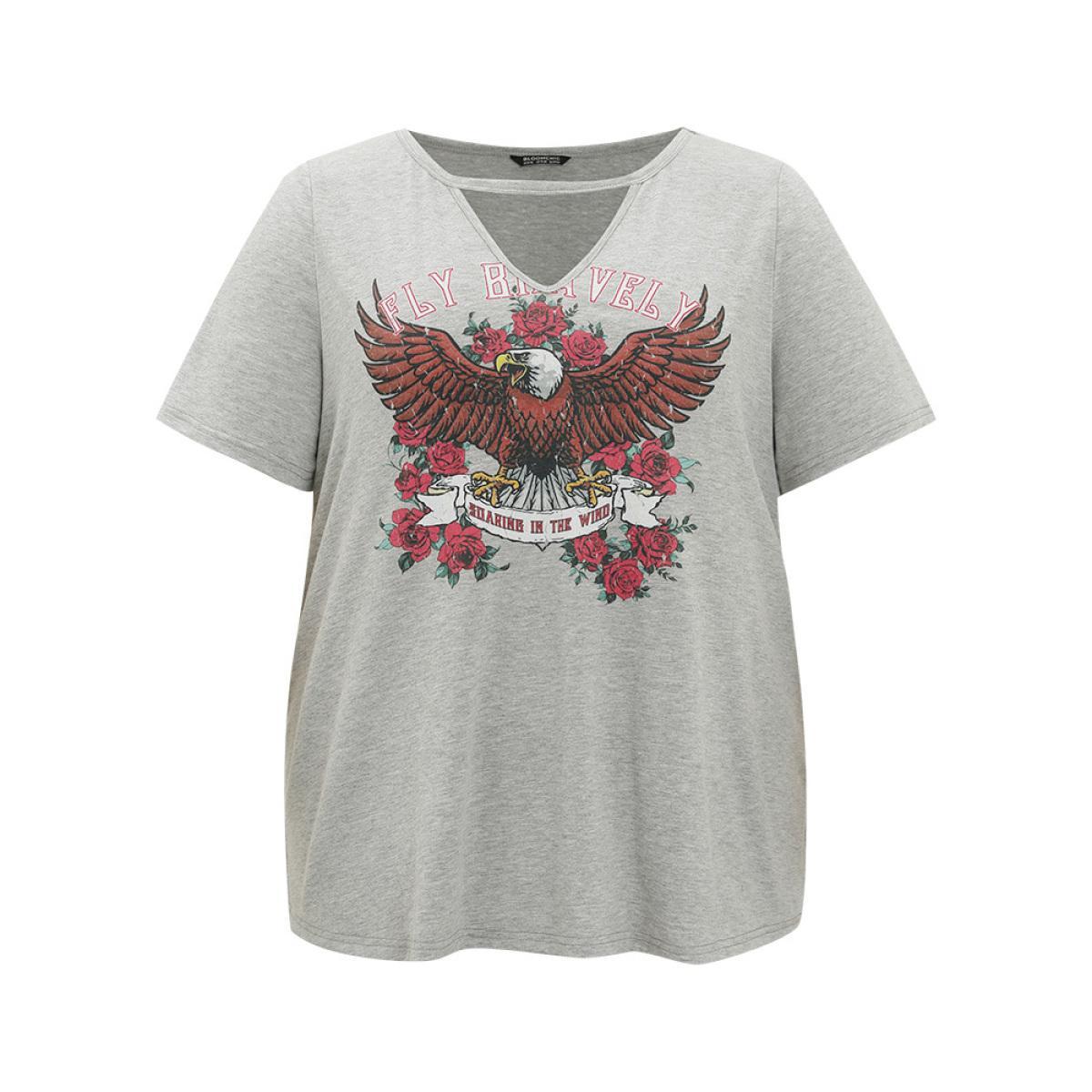 Plus Size Eagle & Floral Print Keyhole Neck T-shirt Gray Women Casual Keyhole Western Dailywear T-shirts BloomChic 30/6X Product Image