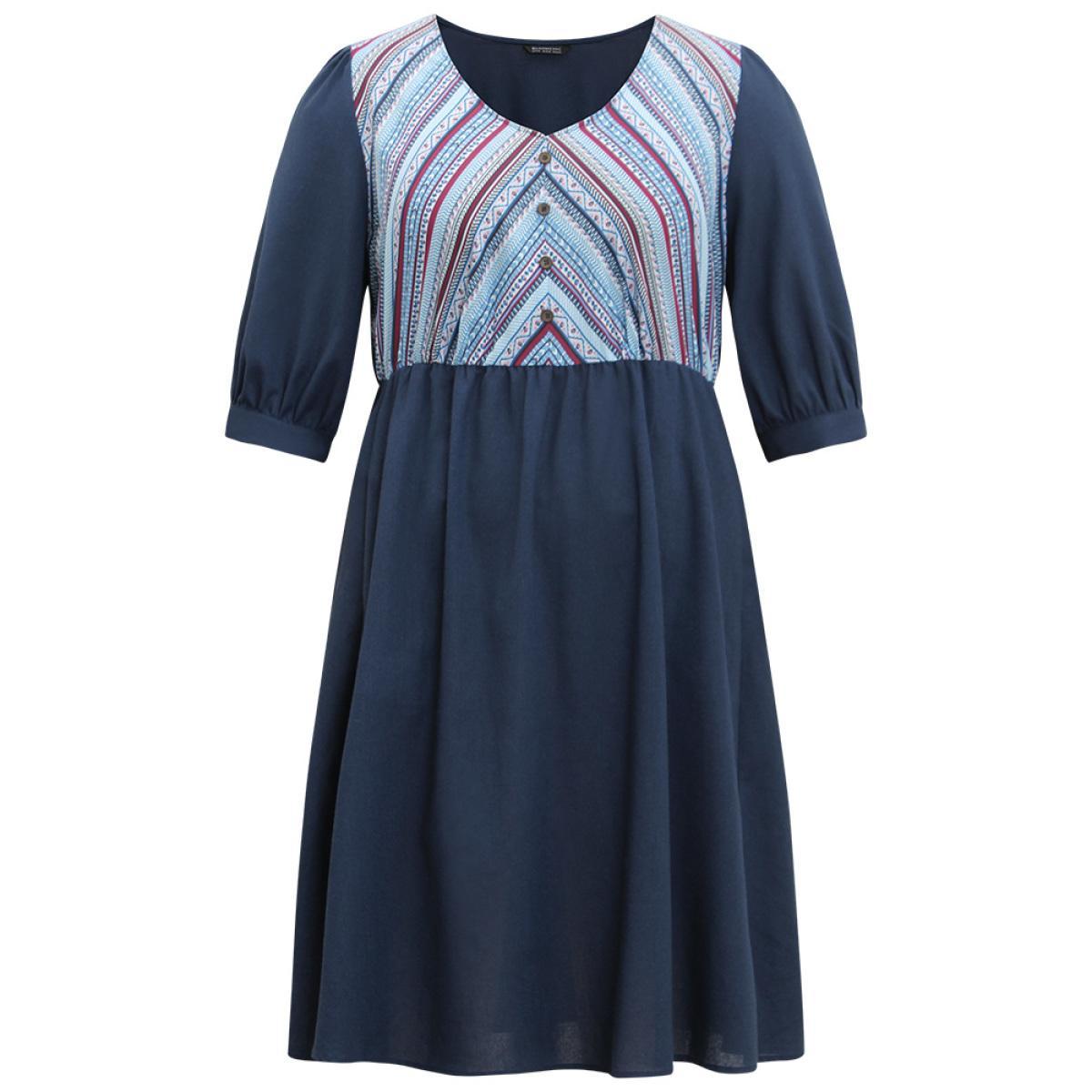 Plus Size Boho Print Striped Patchwork Lantern Sleeve Dress Indigo Women Vacation Printed V-neck Elbow-length sleeve Curvy Midi Dress BloomChic 18-20/2X Product Image
