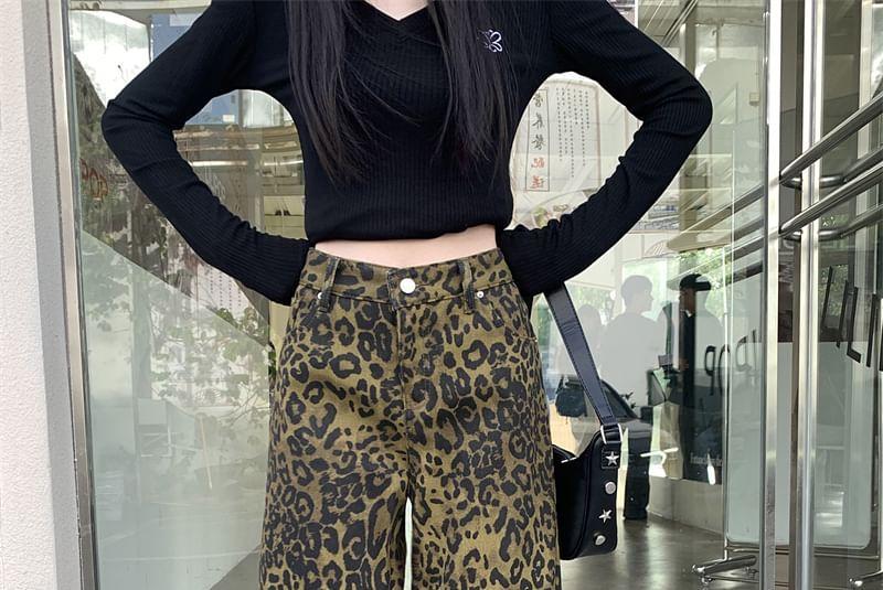 Leopard Print High Waist Wide Leg Jeans Product Image