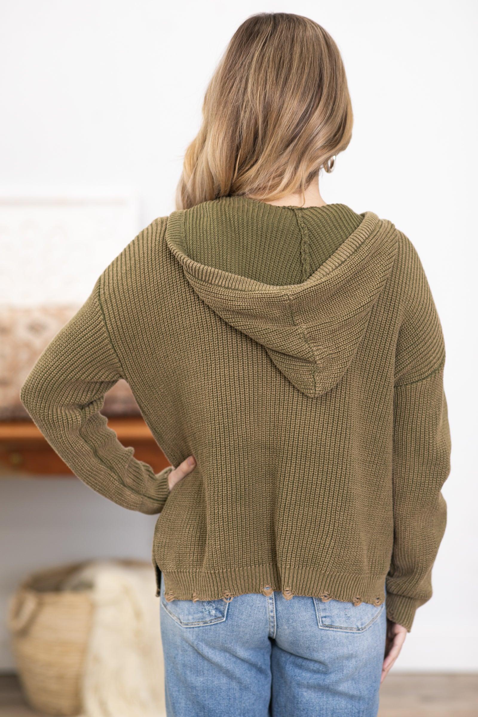 Olive Hooded Sweater With Studded Pocket Product Image