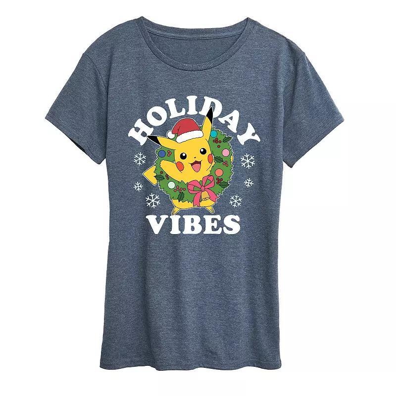 Womens Pokemon Pikachu Holiday Vibes Tee Grey Blue Product Image