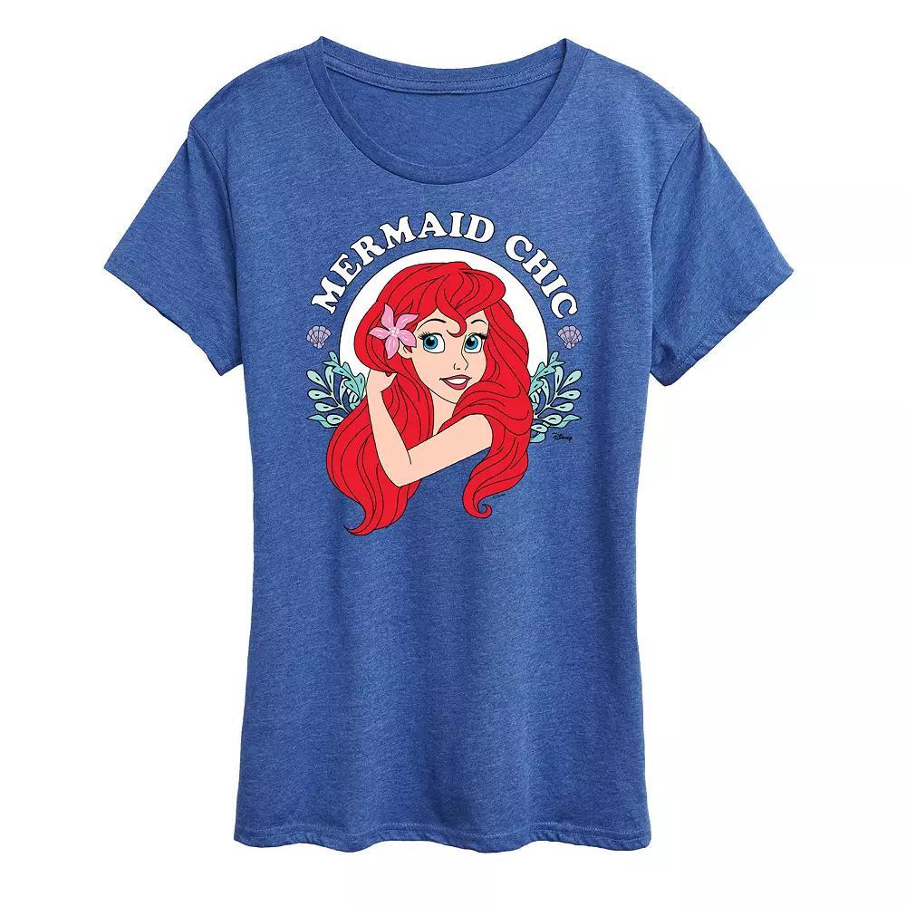 Disney Princess Ariel Womens Mermaid Chic Graphic Tee, Girls Grey Royal Blue Product Image