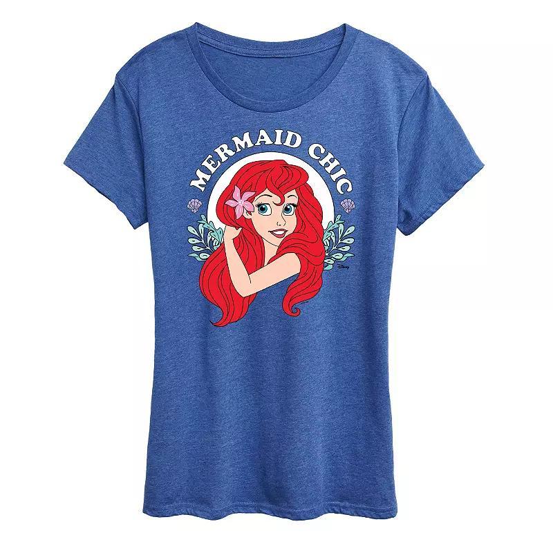 Disney Princess Ariel Womens Mermaid Chic Graphic Tee, Girls Grey Royal Blue Product Image