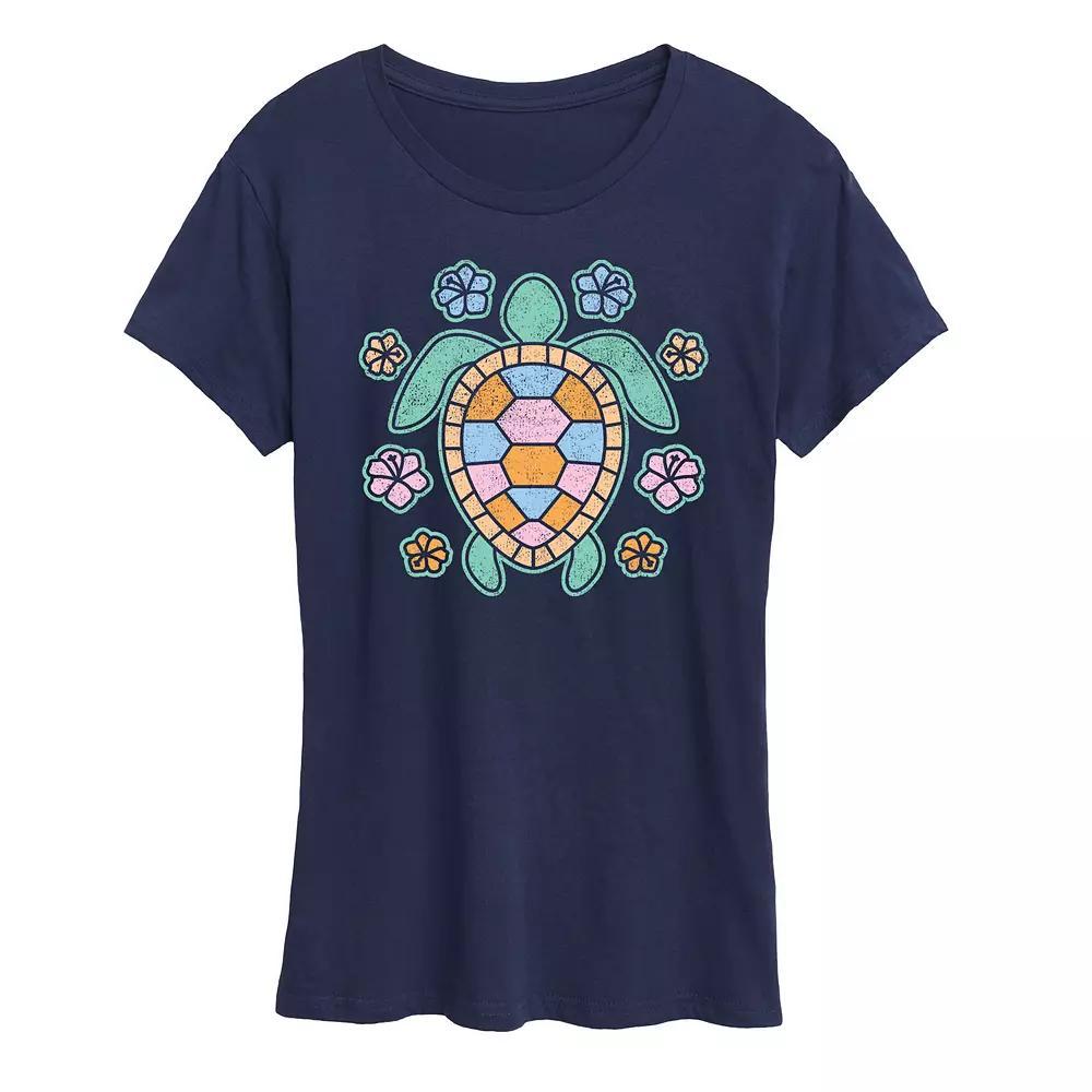 Women's Turtle And Flowers Graphic Tee, Size: Large, Grey Royal Blue Product Image