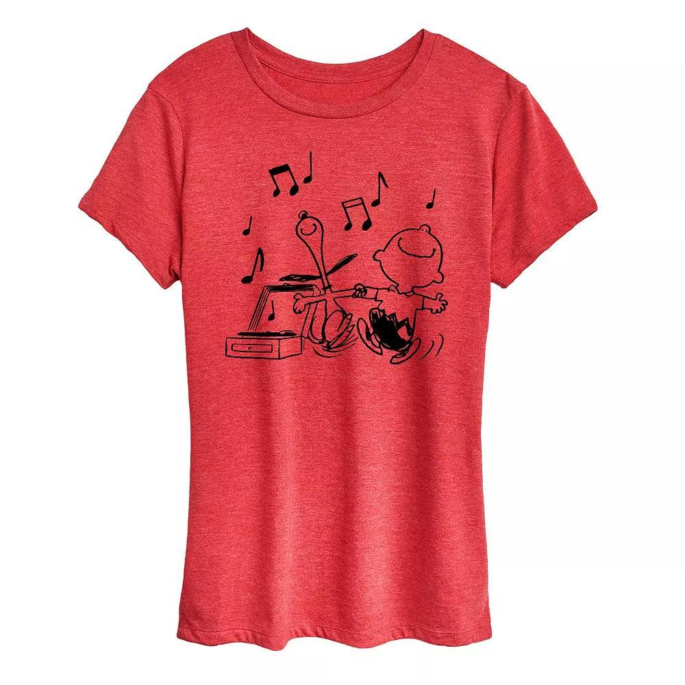 Women's Peanuts Snoopy & Charlie Brown Dancing Graphic Tee, Size: Medium, Grey Red Product Image