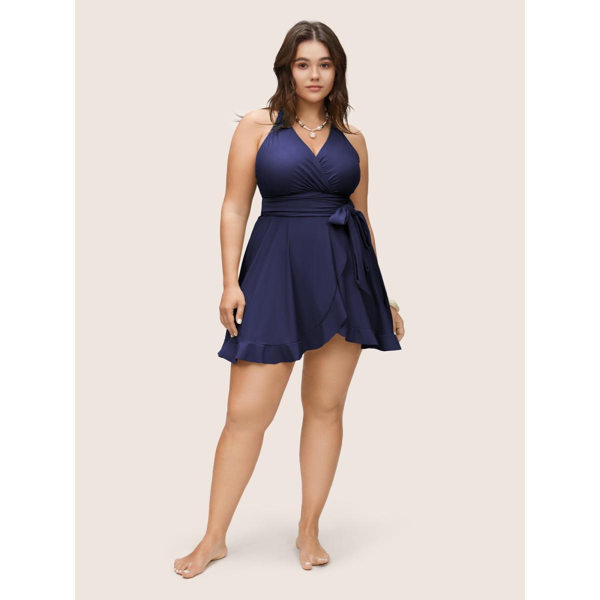 Plus Size Plain Ties Wrap Flutters Swim Dress Women's Swimwear Indigo Beach Bodycon Overlap Collar High stretch Curve Swim Dresses BloomChic 30/6X Product Image