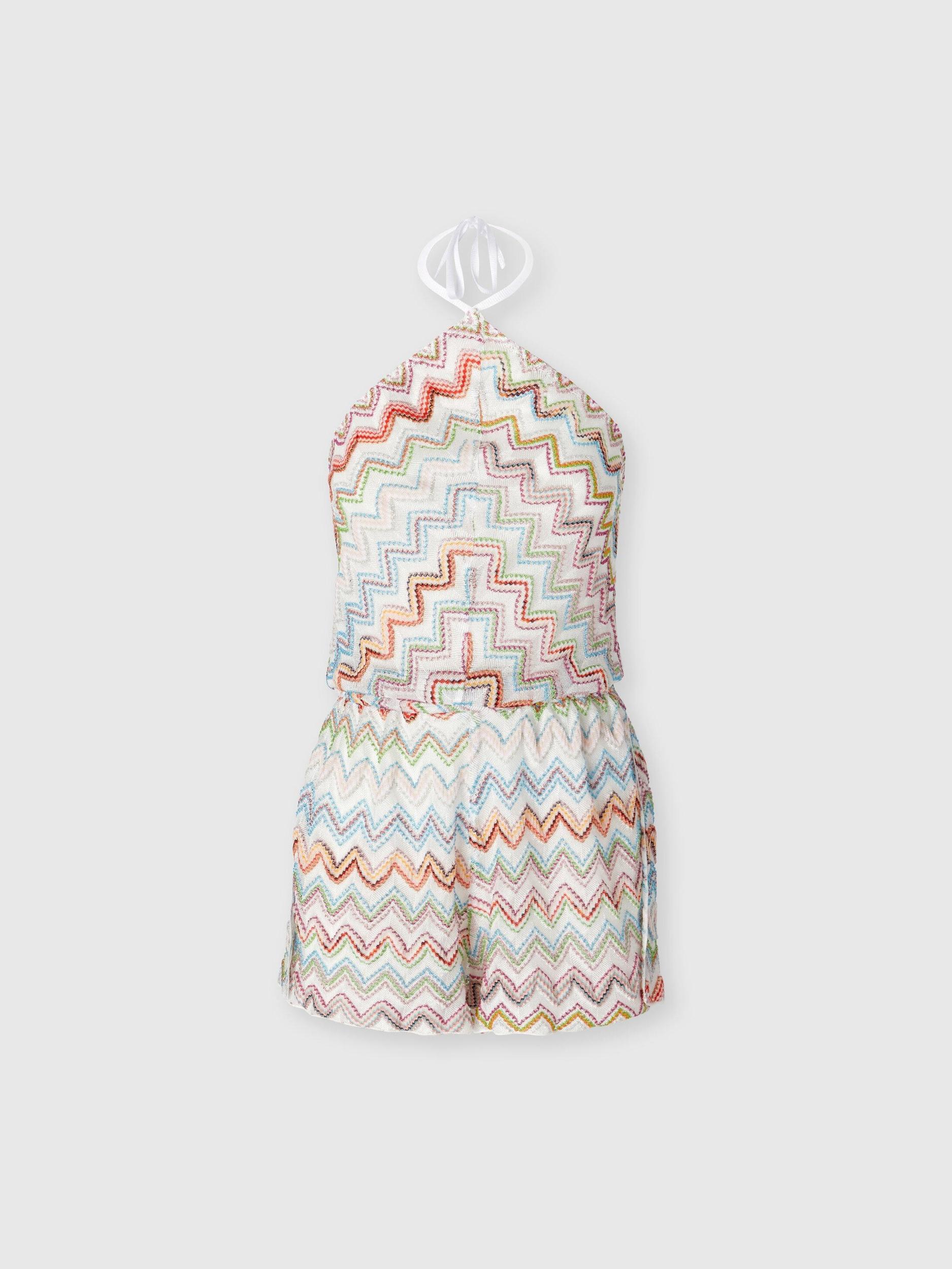 Short jumpsuit with 3D zig zag lamé and halter neckline Product Image