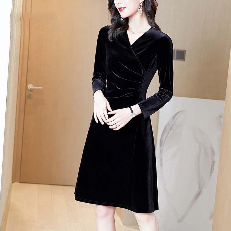 Long-Sleeve V-Neck Shirred Mini A-Line Velvet Dress Product Image