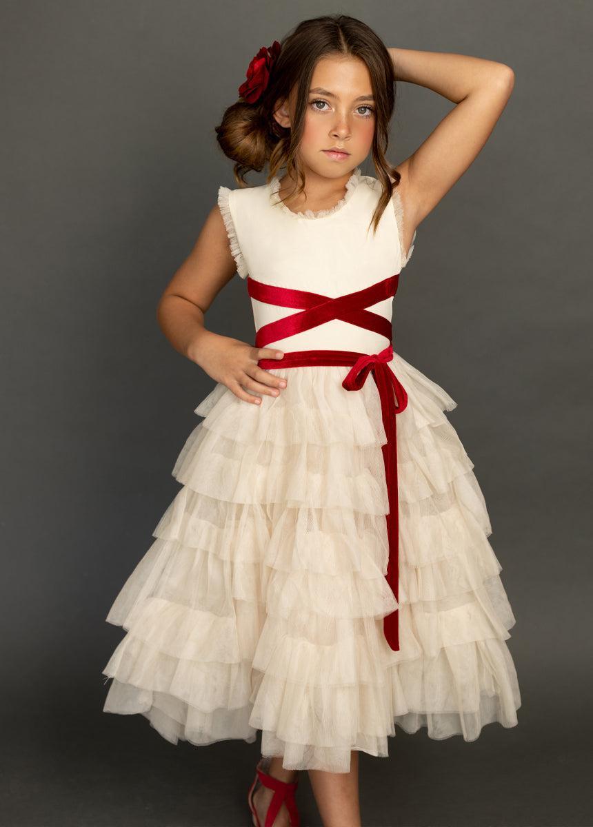Geneva Petticoat Dress in Cream & Scarlet Girls Product Image