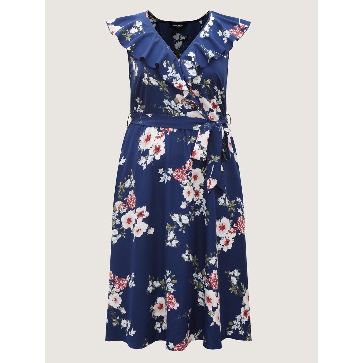 Plus Size Floral Belted Waist Ruffled Pockets Midi Dress DarkBlue Women Overlap Collar Cap Sleeve Curvy BloomChic 30/6X Product Image