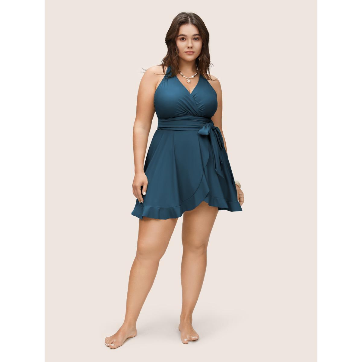 Plus Size Plain Ties Wrap Flutters Swim Dress Women's Swimwear Cyan Beach Bodycon Overlap Collar High stretch Curve Swim Dresses BloomChic 14-16/1X Product Image