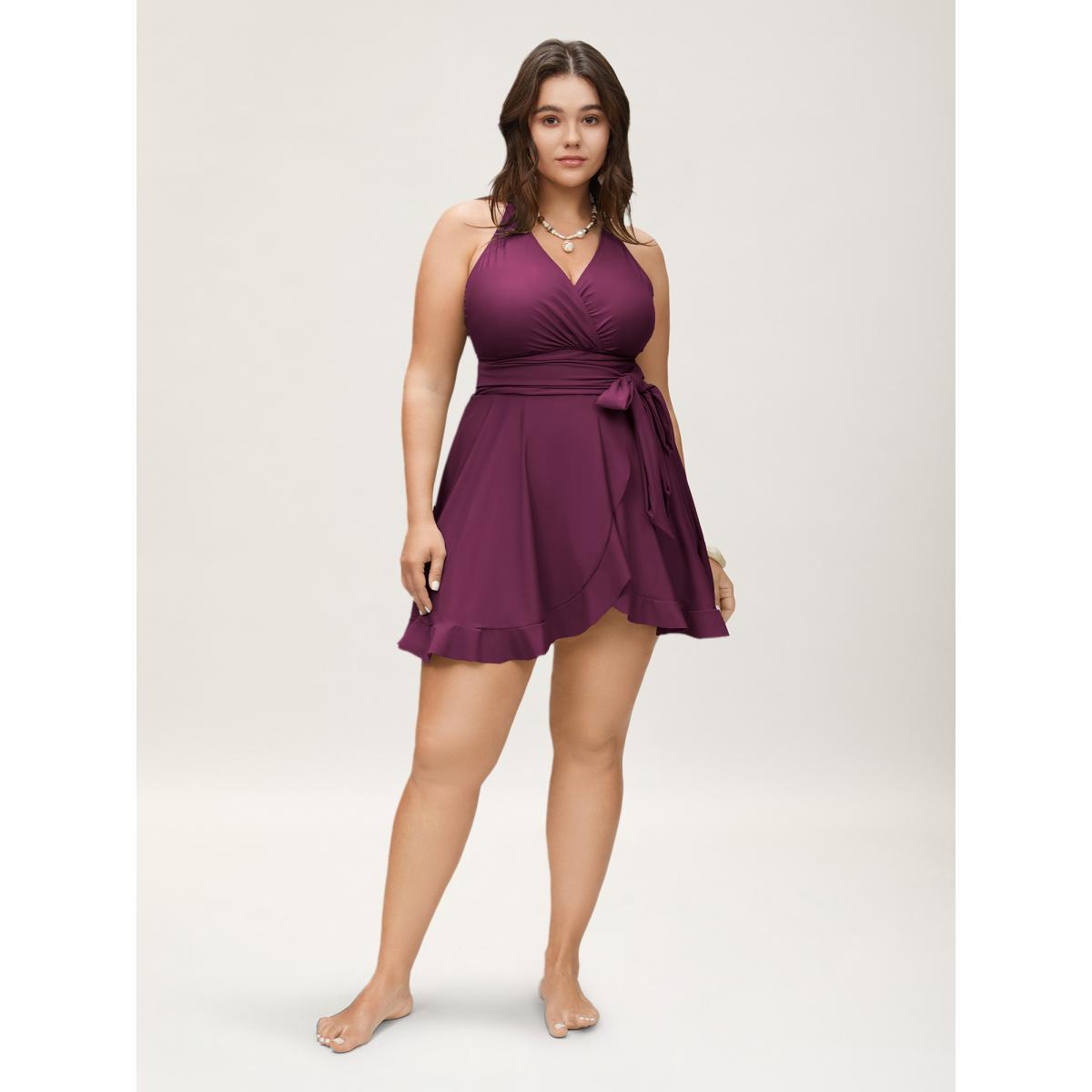 Plus Size Plain Ties Wrap Flutters Swim Dress Women's Swimwear RedViolet Beach Bodycon Overlap Collar High stretch Curve Swim Dresses BloomChic 14-16/1X Product Image