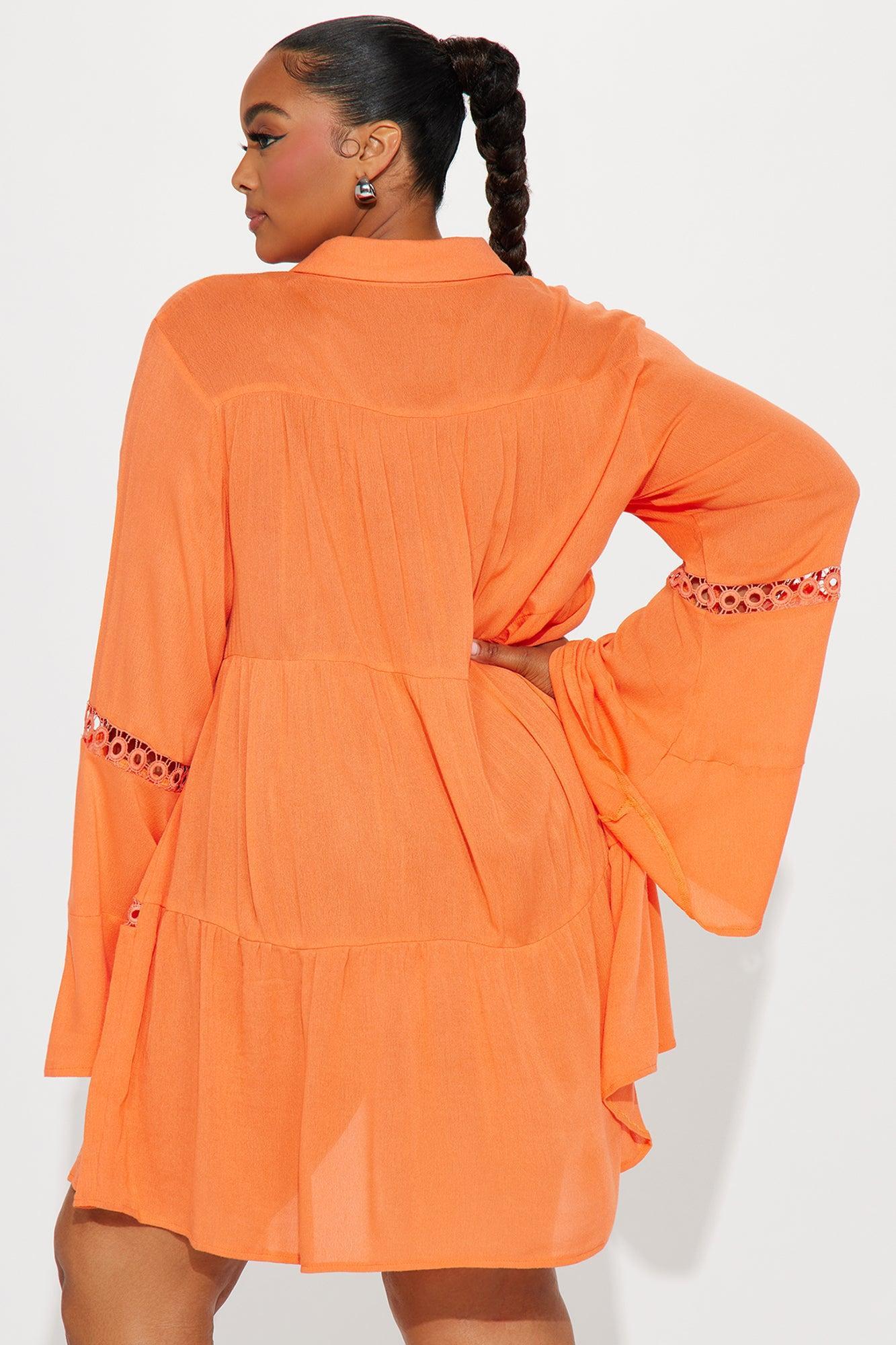 Breezy Paradise Linen Circle Cover Up Shirt Dress - Orange Product Image