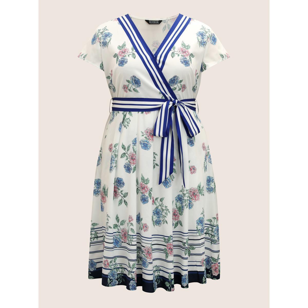 Plus Size Floral Patchwork Striped Wrap Cap Sleeve Dress Mediumblue Women Elegant Belted V-neck Cap Sleeve Curvy BloomChic 28/5X Product Image