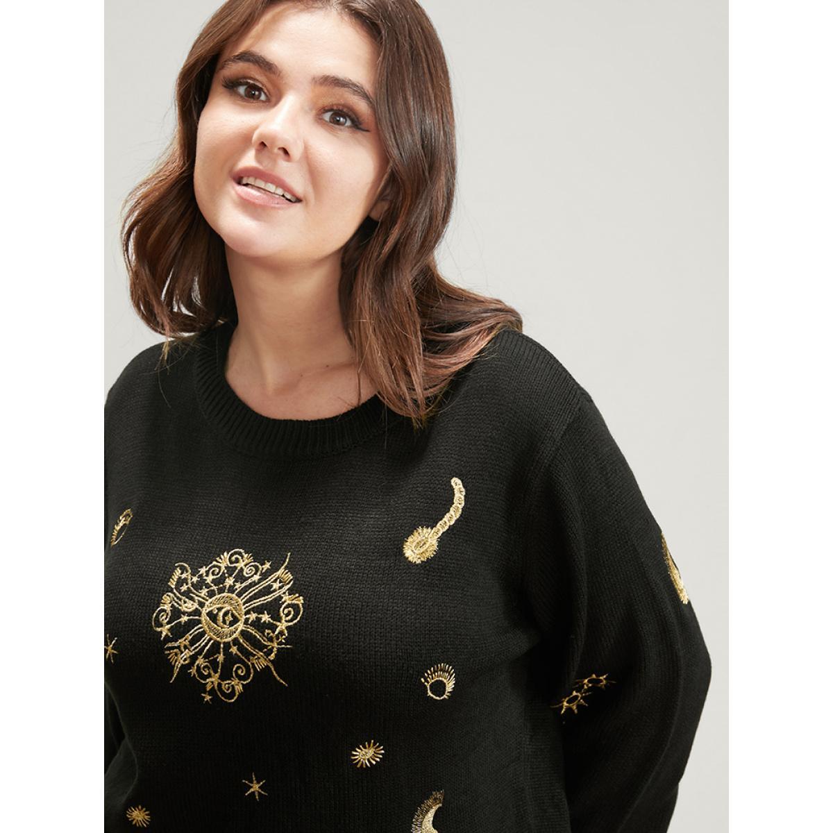 Plus Size Halloween Moon And Star Pointelle Knit Embroidered Knit Top Black Women Casual Loose Long Sleeve Round Neck Festival-Halloween Pullovers BloomChic 22-24/3X Product Image