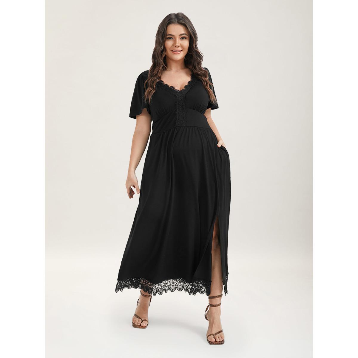 Plus Size Solid Pocket Contrast Lace Split Maxi Dress Black Women Elegant Patchwork V-neck Short sleeve Curvy Long Dress BloomChic 28/5X Product Image