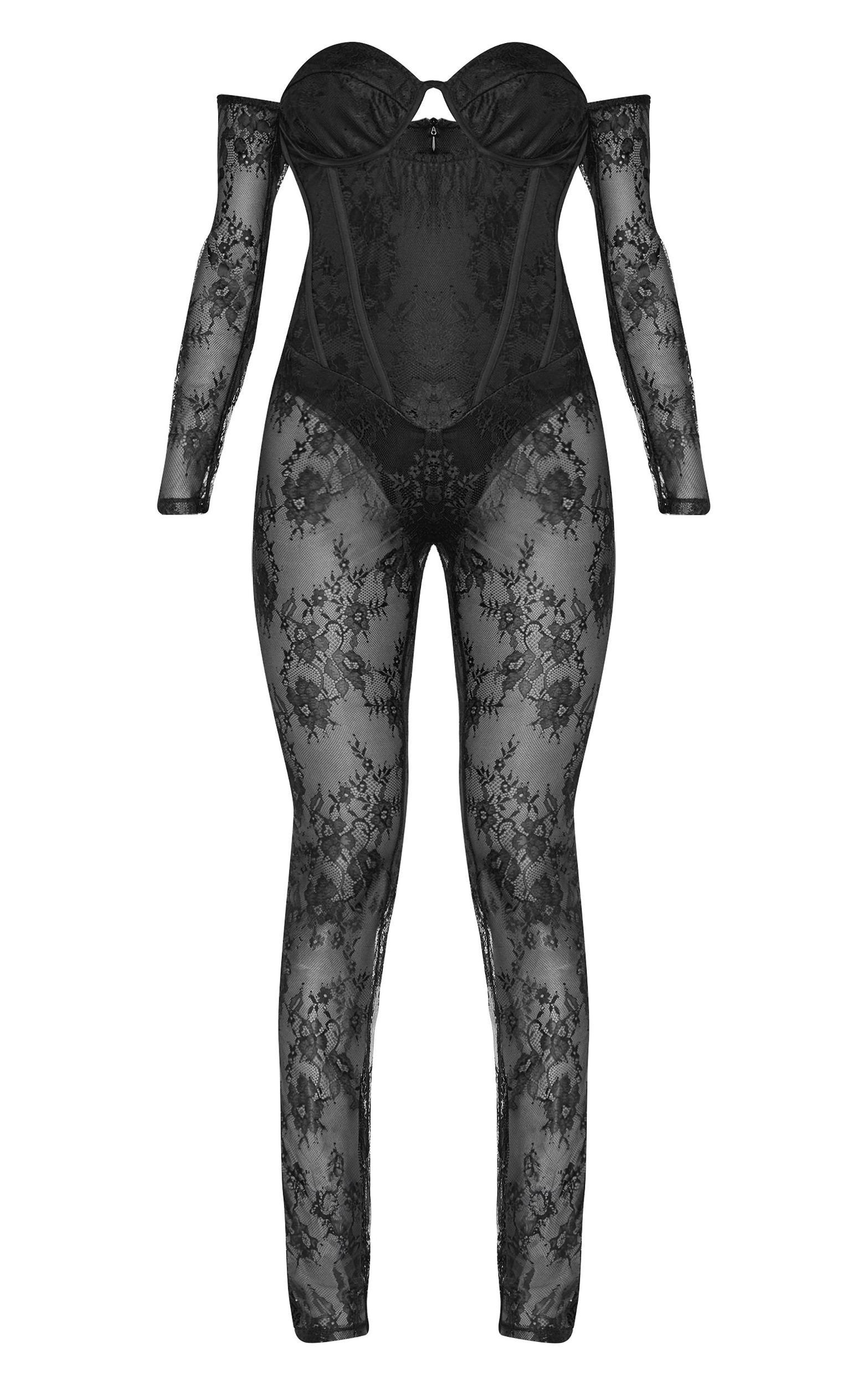 Black Lace Corset Detail Bardot Jumpsuit Product Image
