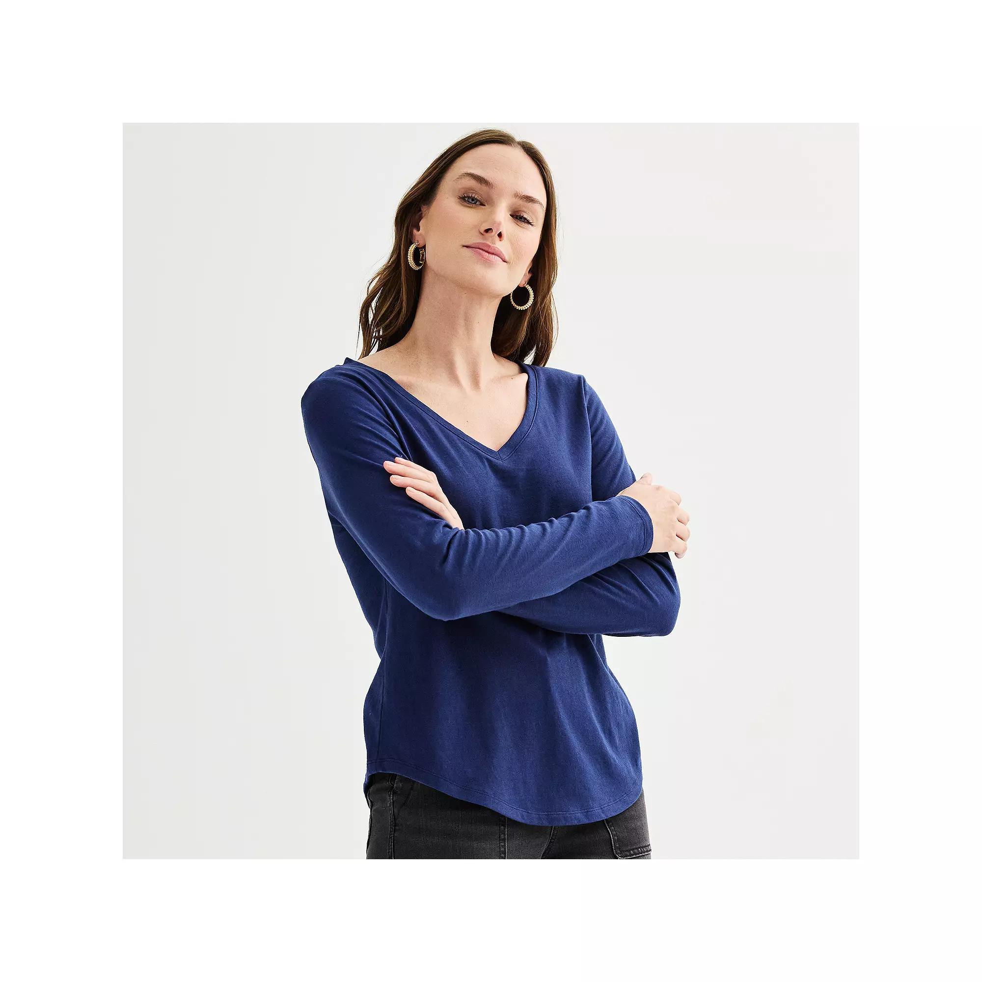 Petite Sonoma Goods For Life® Everyday Long Sleeve V-Neck T-Shirt, Women's, Size: XXL Petite, Blue Beauty Product Image