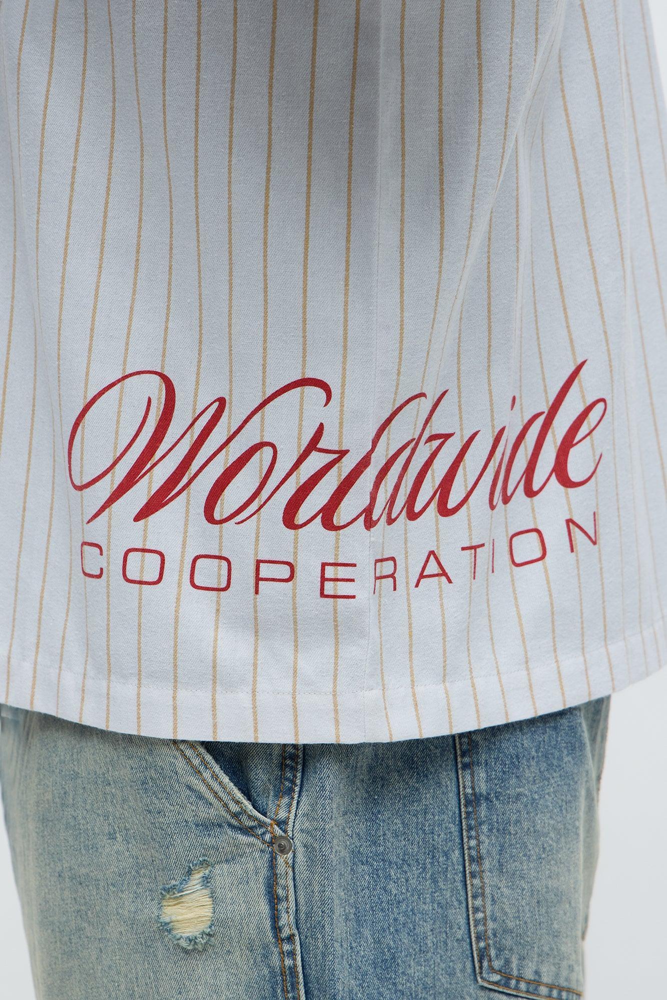 Worldwide Striped Cropped Button Up Shirt - White Product Image