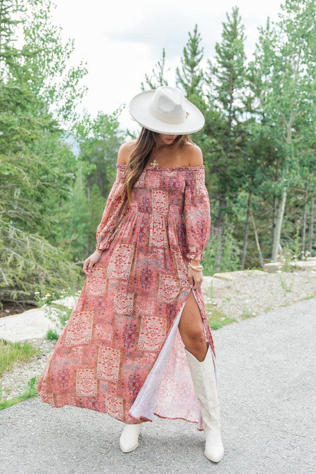 Sounds In My Mind Brick Off The Shoulder Printed Maxi Dress FINAL SALE Product Image