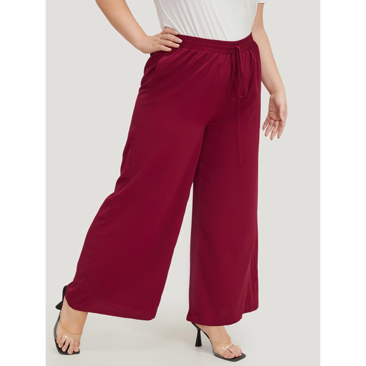 Plus Size Solid Pocket Drawstring Wide Leg Pants Women Burgundy Office Wide Leg High Rise Work Pants BloomChic 22-24/3X Product Image