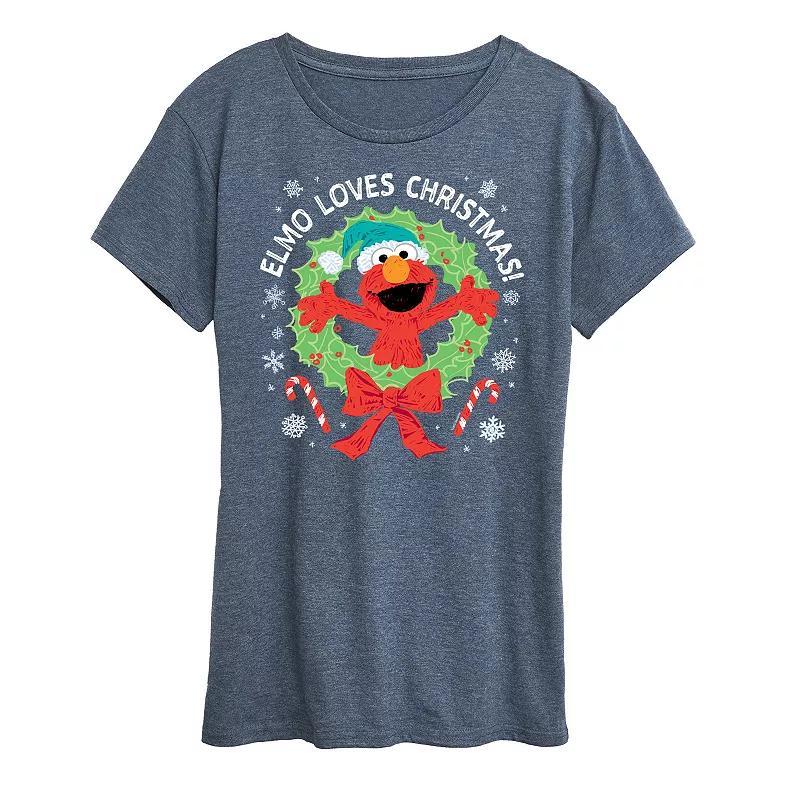 Womens Sesame Street Elmo Christmas Graphic Tee, Girls Grey Blue Product Image