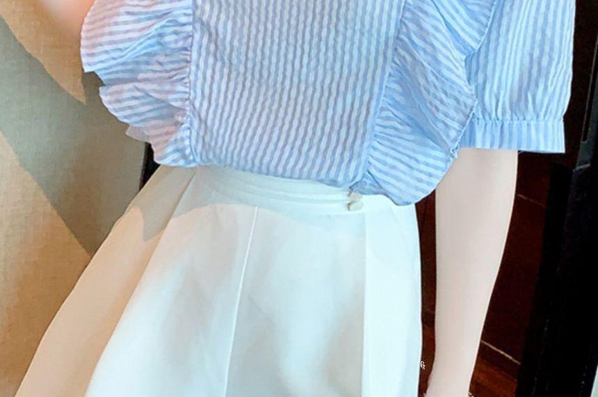 Elbow-Sleeve Striped Ruffle Blouse Product Image